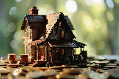 Miniature House Model Surrounded By Stacks Of Gold Coins