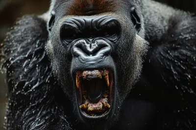 Aggressive Silverback Gorilla Roaring With Bared Teeth