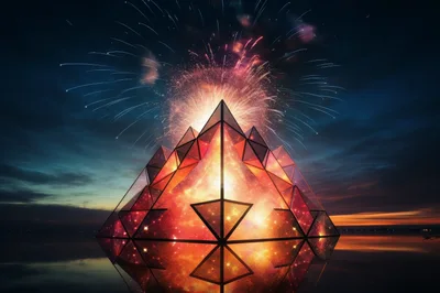 Glowing Geometric Pyramid With Fireworks Display