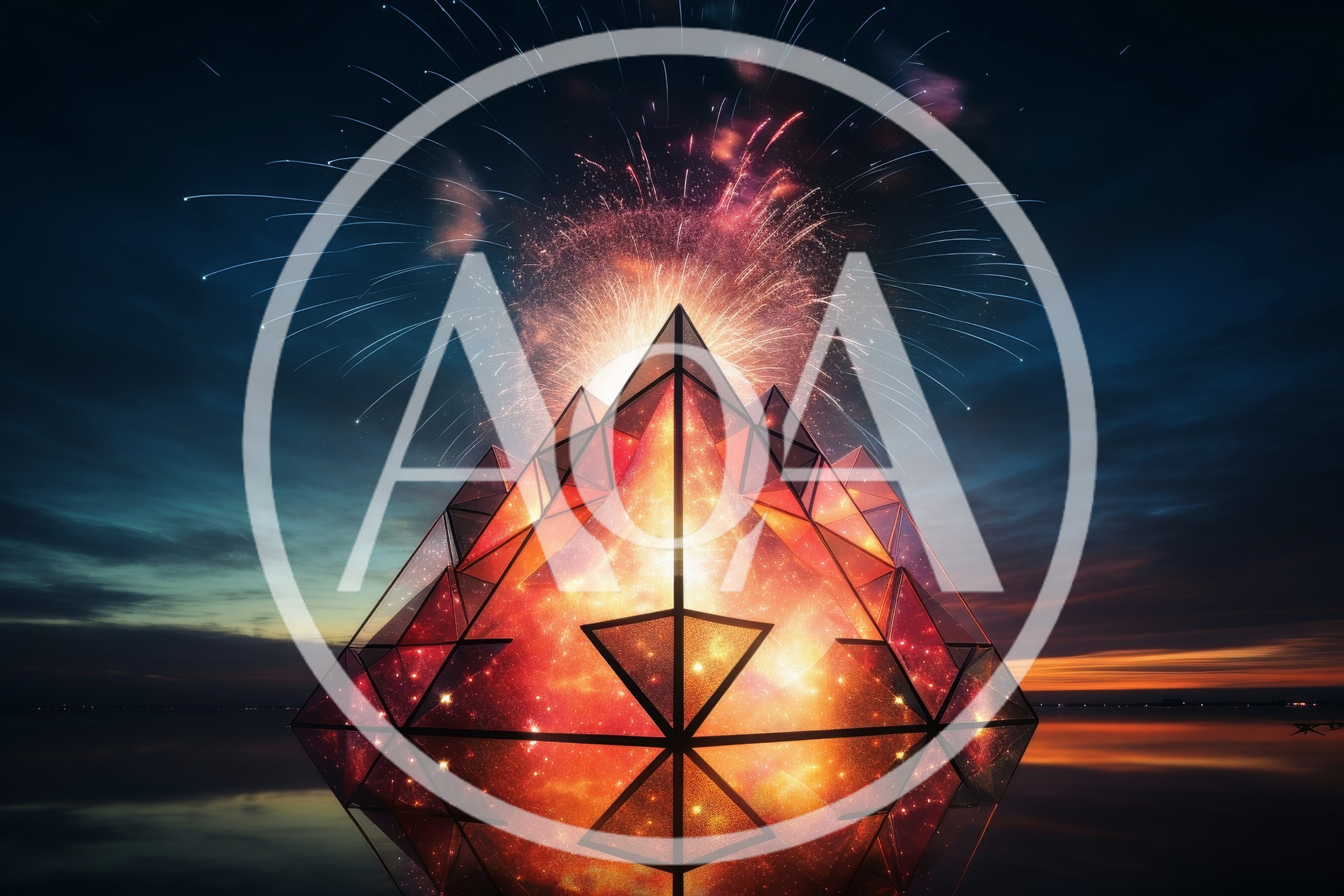 Glowing Geometric Pyramid With Fireworks Display