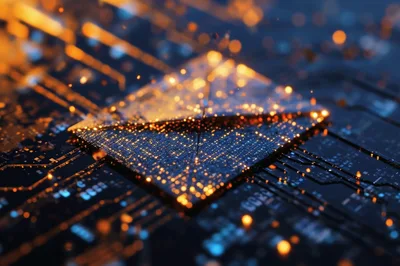Abstract Digital Processor Chip With Glowing Data Particles