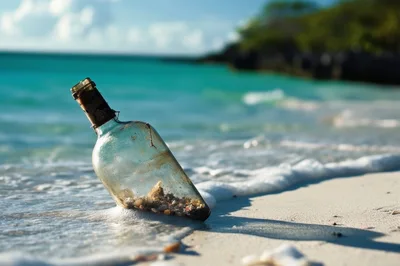 Glass Bottle With Sand And Shells On Tropical Beach