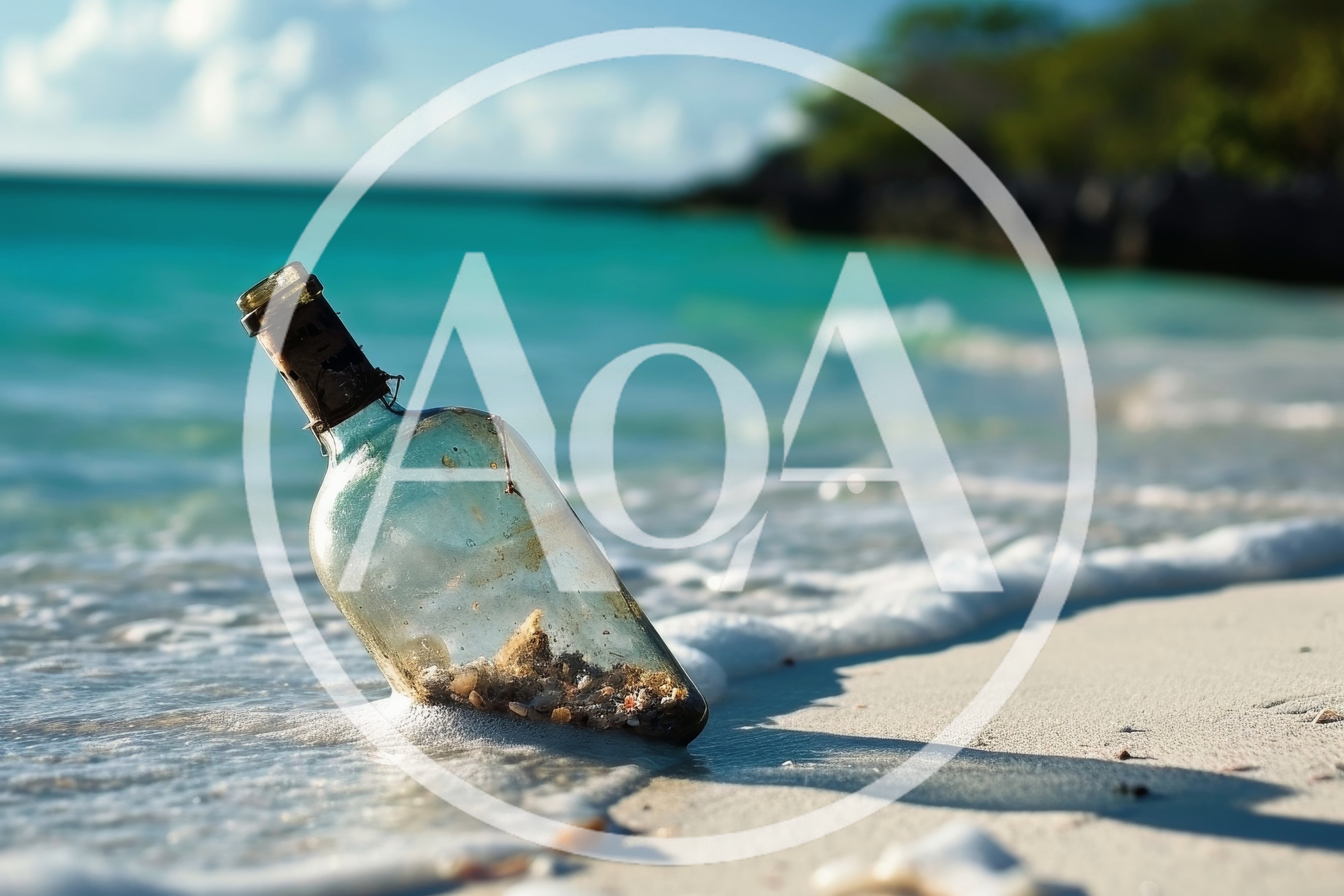 Glass Bottle With Sand And Shells On Tropical Beach