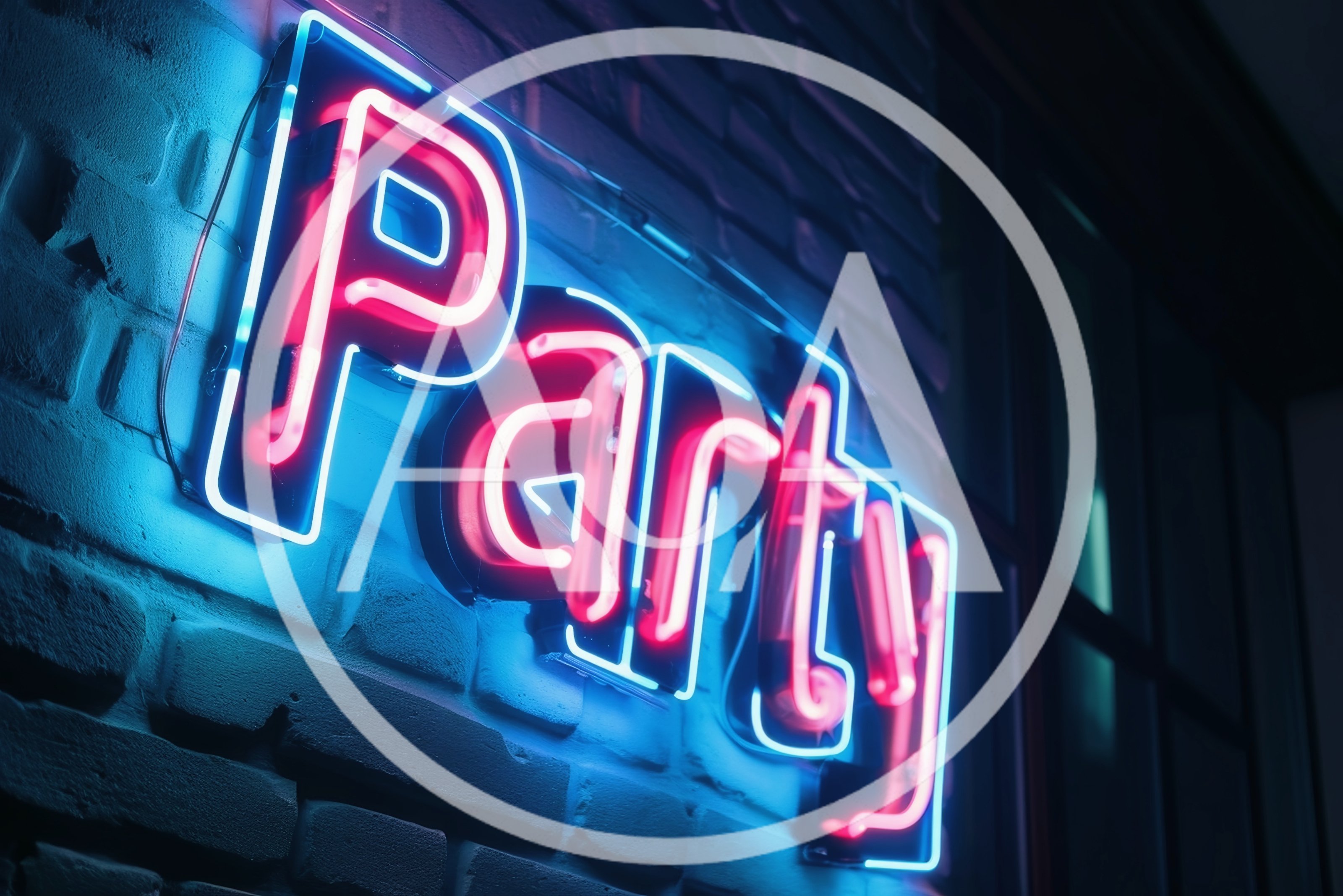 Neon Party Sign Mounted On A Brick Wall