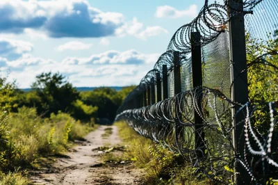 Barbed Wire Fence Along A Dirt Path