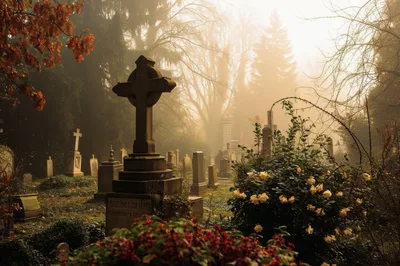 Ancient Cemetery With Celtic Cross In Morning Fog