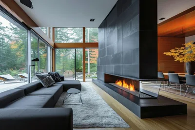 Modern Living Room With Large Fireplace And Forest View