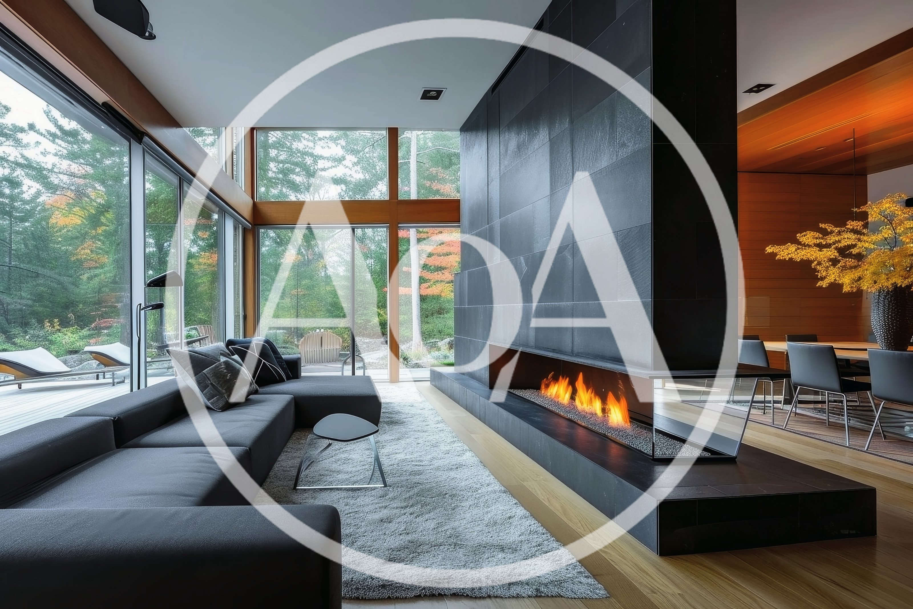 Modern Living Room With Large Fireplace And Forest View