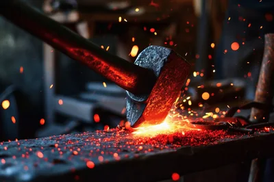 Blacksmith Striking Glowing Metal With Heavy Hammer