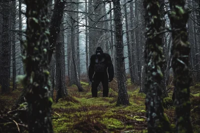 Gorilla Standing In A Misty Pine Forest