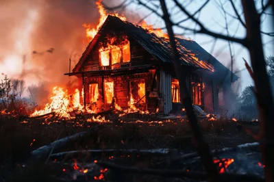 Wooden House Engulfed In Intense Forest Fire