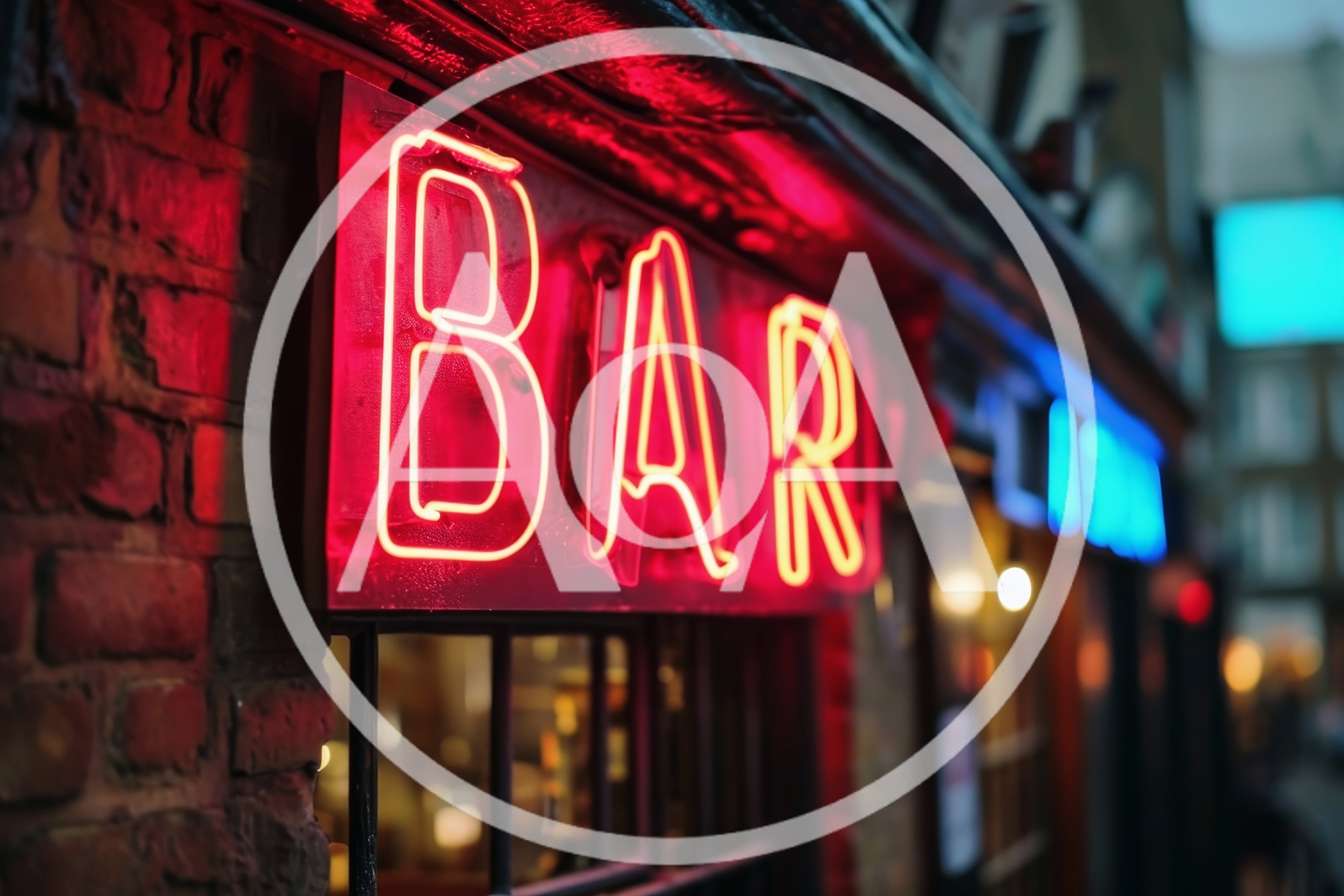 Glowing Red Neon Bar Sign On Brick Wall
