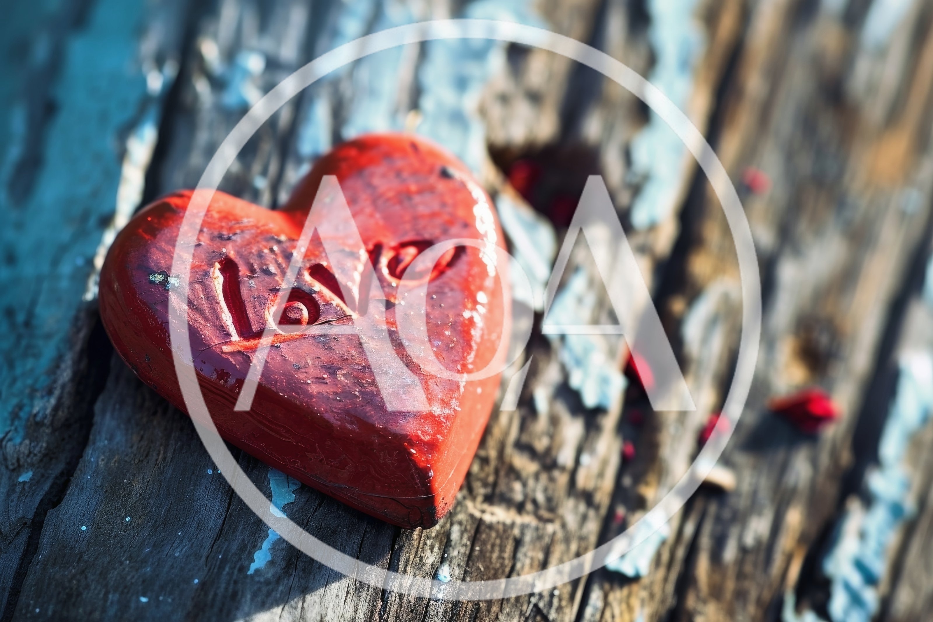 Red Heart Ornament With Love Inscription On Weathered Wood