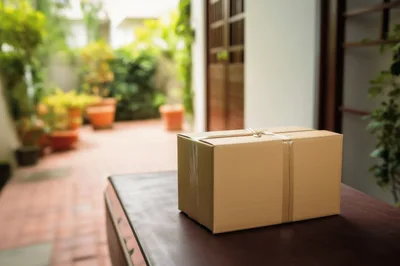 Cardboard Delivery Box Sitting On A Porch Table