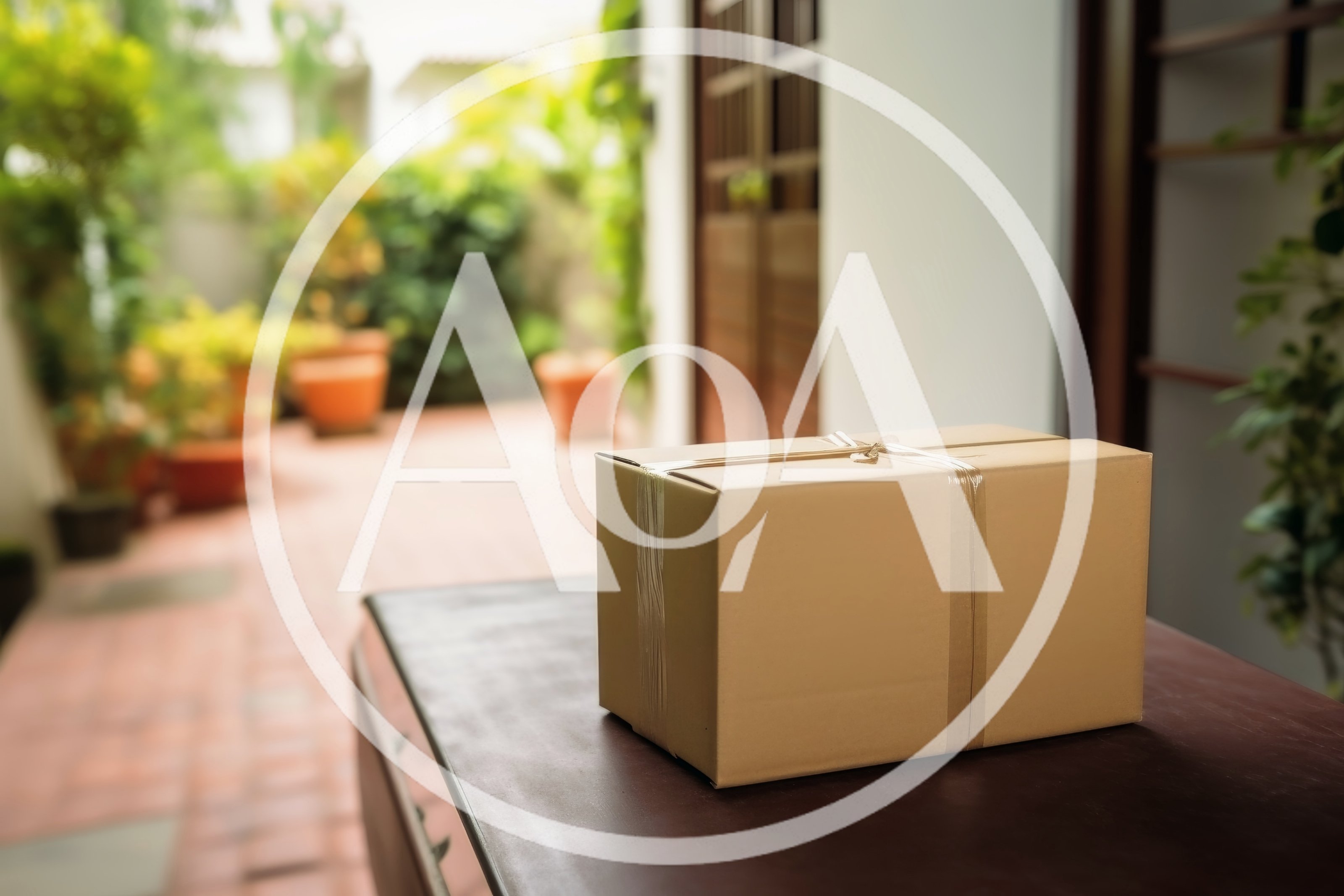 Cardboard Delivery Box Sitting On A Porch Table