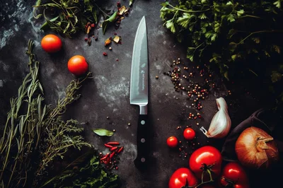 Chef Knife Surrounded By Fresh Vegetables And Herbs
