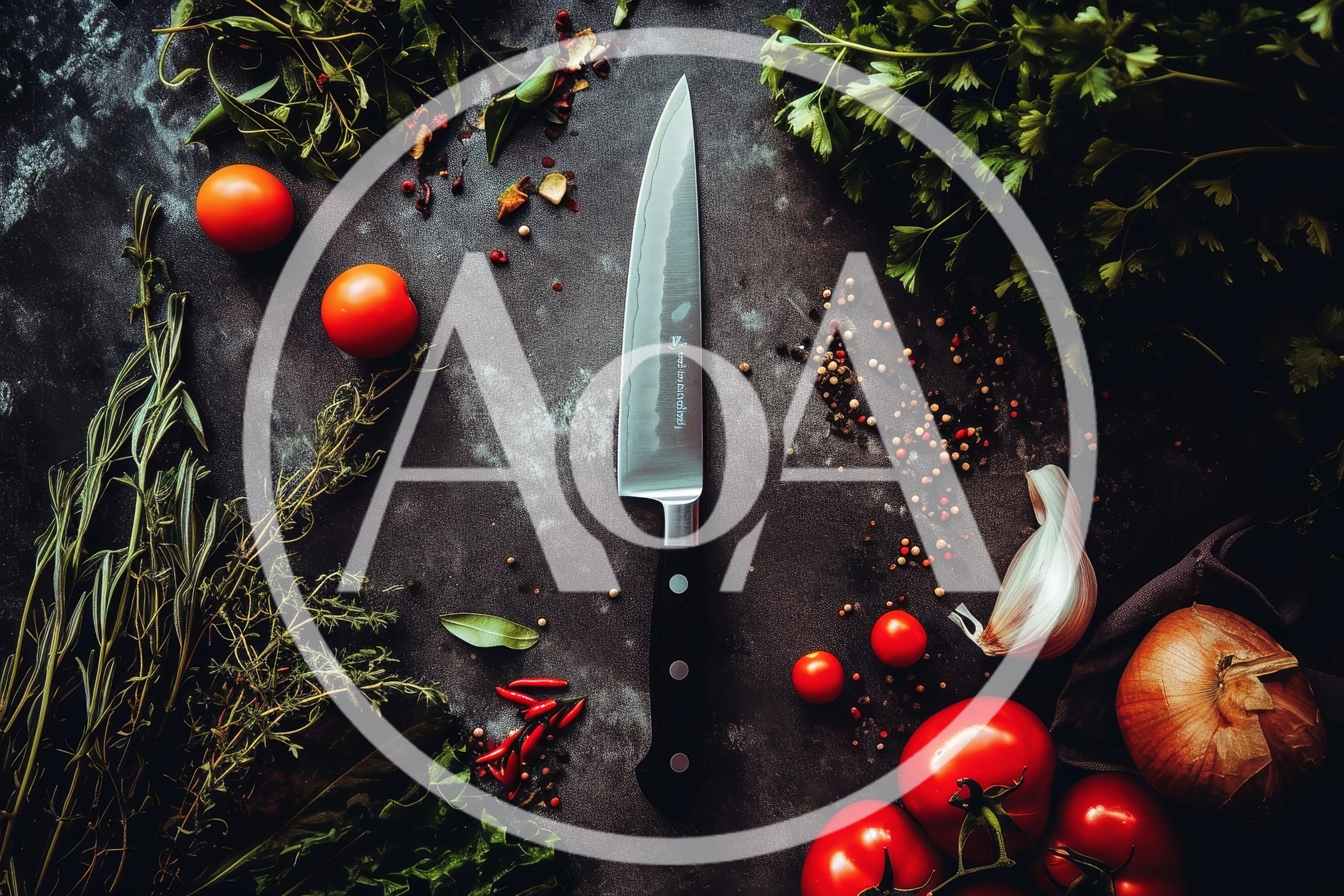 Chef Knife Surrounded By Fresh Vegetables And Herbs