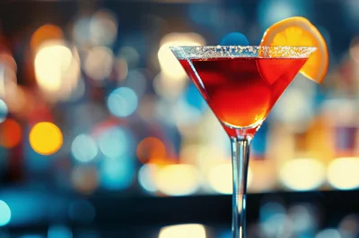 Red Cocktail In Martini Glass With Orange Garnish