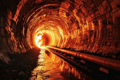Fiery Industrial Tunnel With Glowing Pipeline