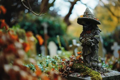 Stone Witch Statue In An Overgrown Autumn Cemetery