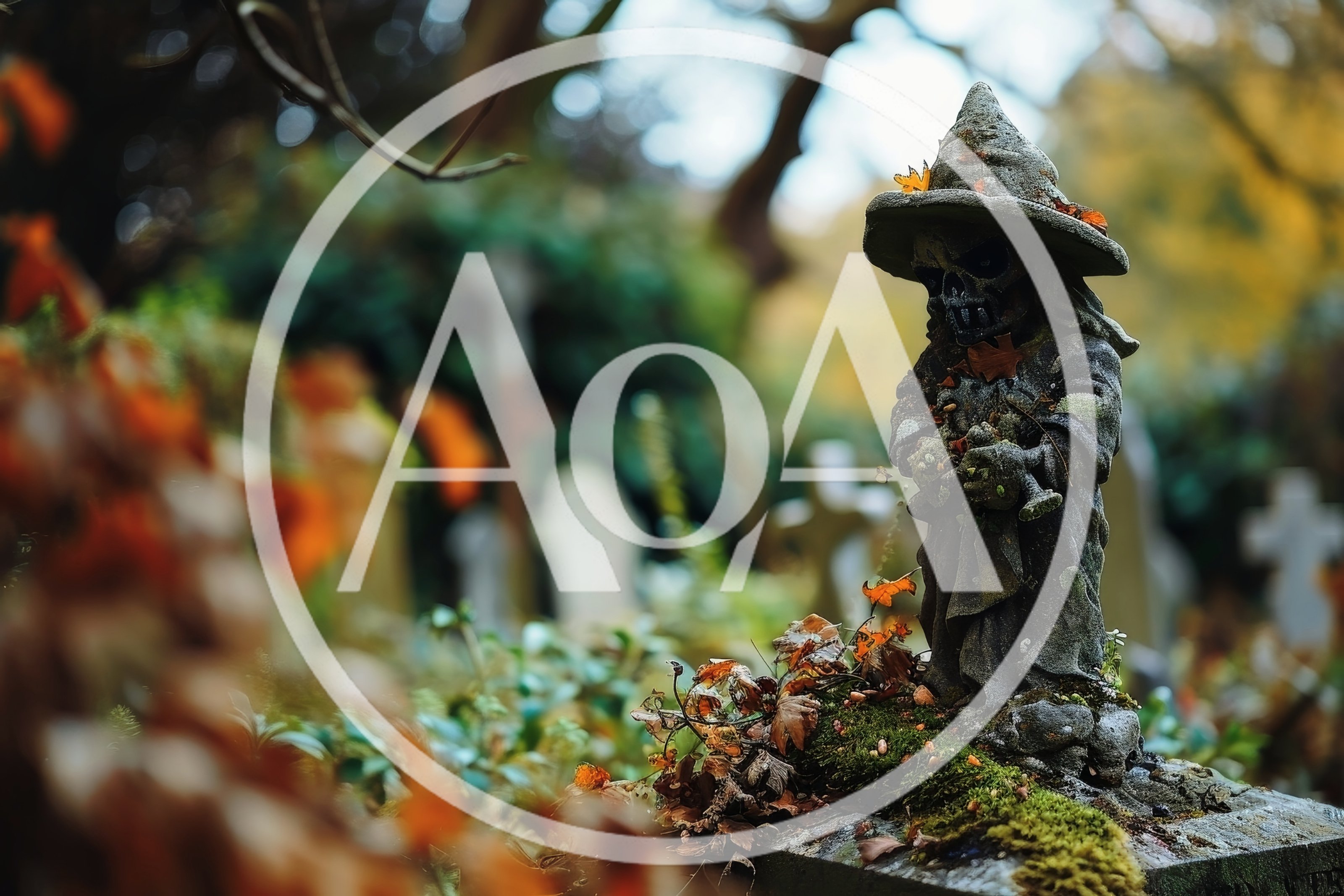 Stone Witch Statue In An Overgrown Autumn Cemetery