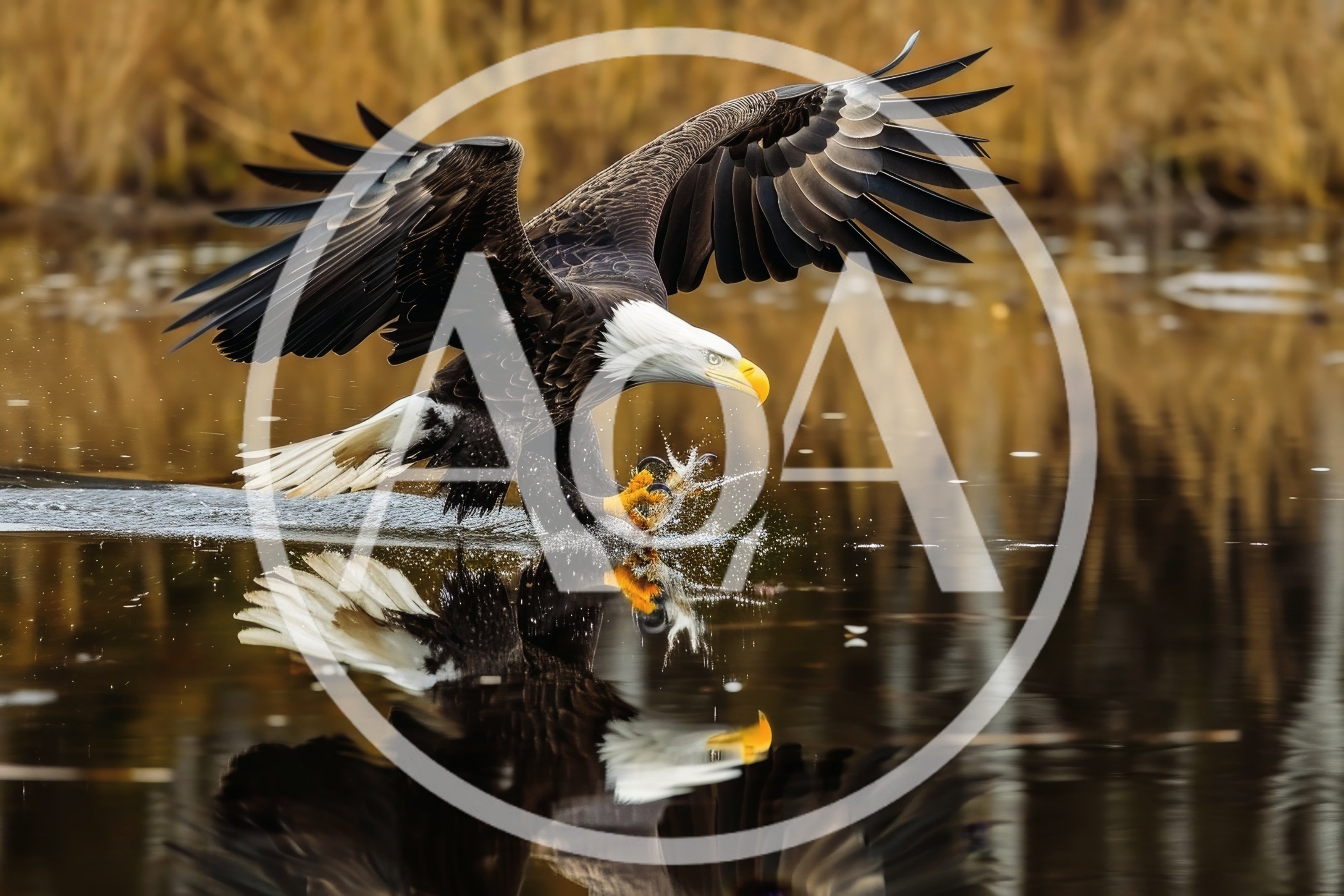 Bald Eagle Hunting Fish In Calm Lake