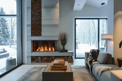 Modern Living Room With Fireplace And Snowy Forest View