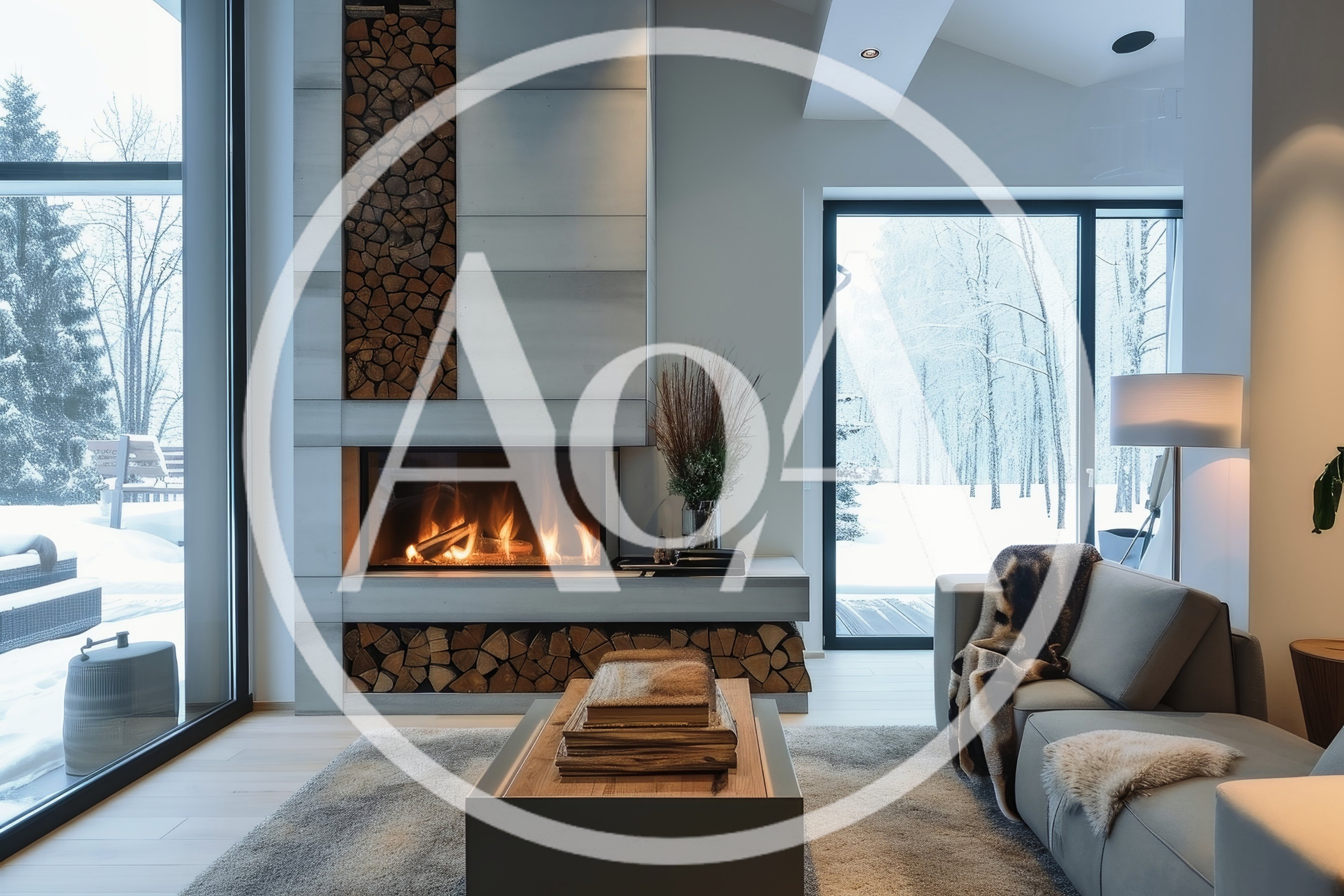 Modern Living Room With Fireplace And Snowy Forest View
