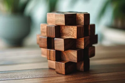 Wooden Burr Puzzle Sitting On A Wooden Table