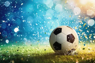 Soccer Ball Resting On Grass With Confetti Celebration