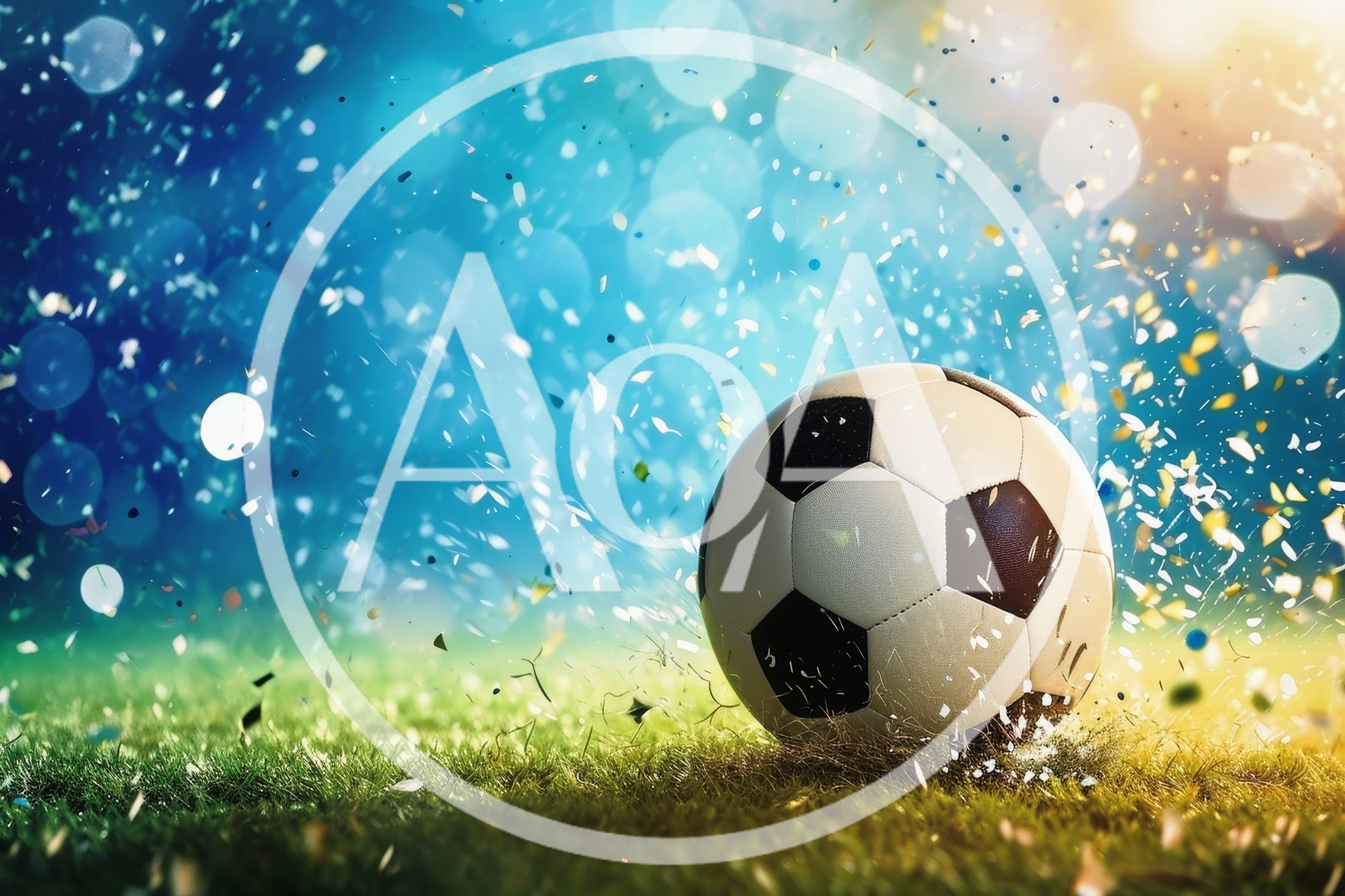 Soccer Ball Resting On Grass With Confetti Celebration
