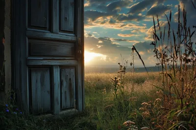 Open Wooden Door Leading To A Golden Sunset Field