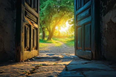 Open Wooden Doors Leading To A Sunny Forest Path