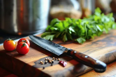 Chef Knife With Fresh Vegetables On Wooden Cutting Board