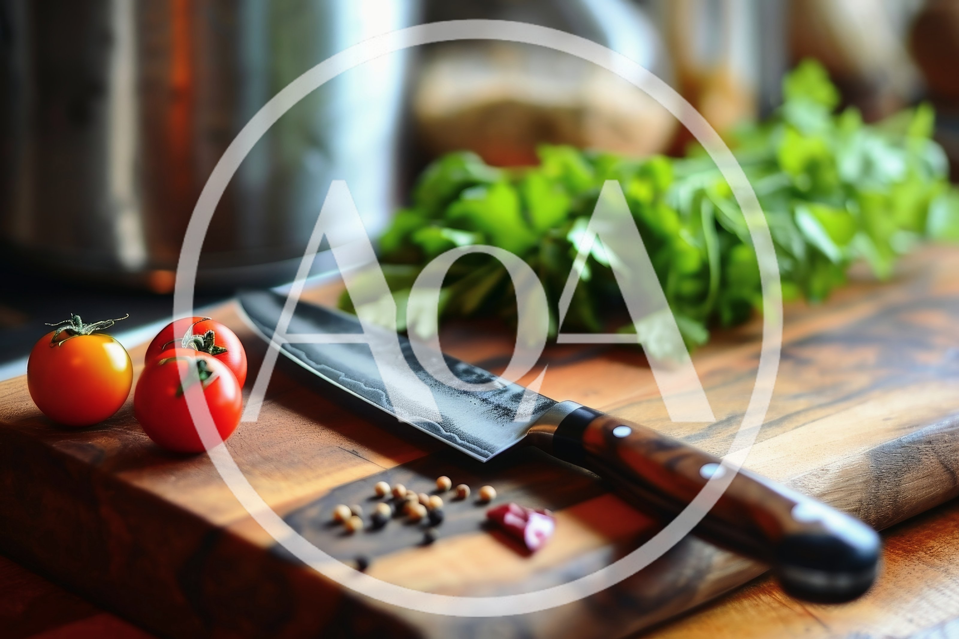 Chef Knife With Fresh Vegetables On Wooden Cutting Board