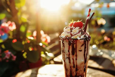 Delicious Chocolate Strawberry Milkshake In A Sunny Garden