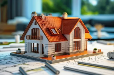 Architectural Model Of A Residential House On Blueprints