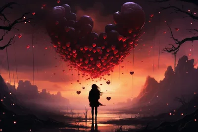Silhouette Of A Woman Standing Under A Giant Heart Balloon Cloud