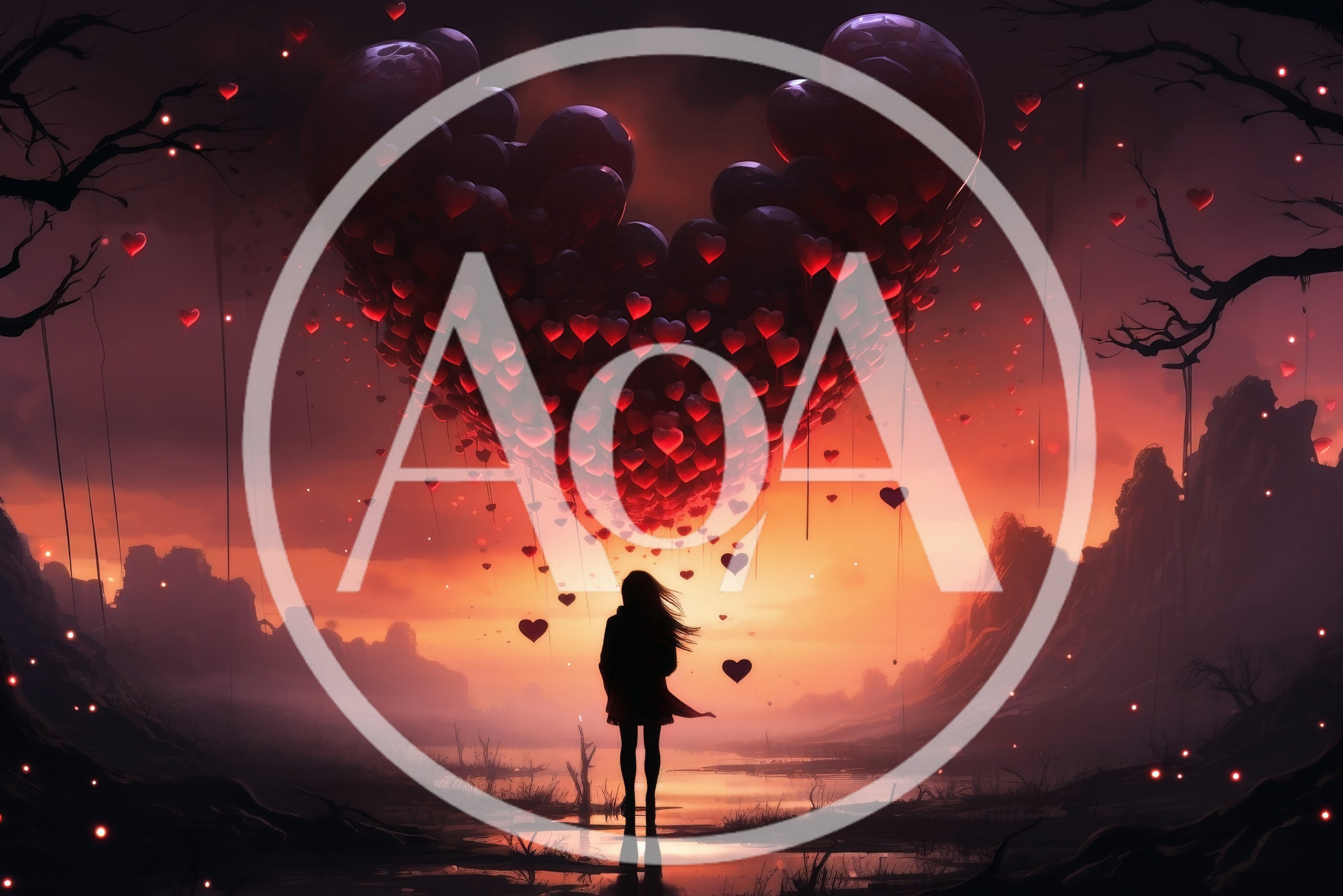 Silhouette Of A Woman Standing Under A Giant Heart Balloon Cloud