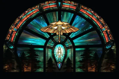 Stained Glass Window Featuring A Celestial Being And Spaceship