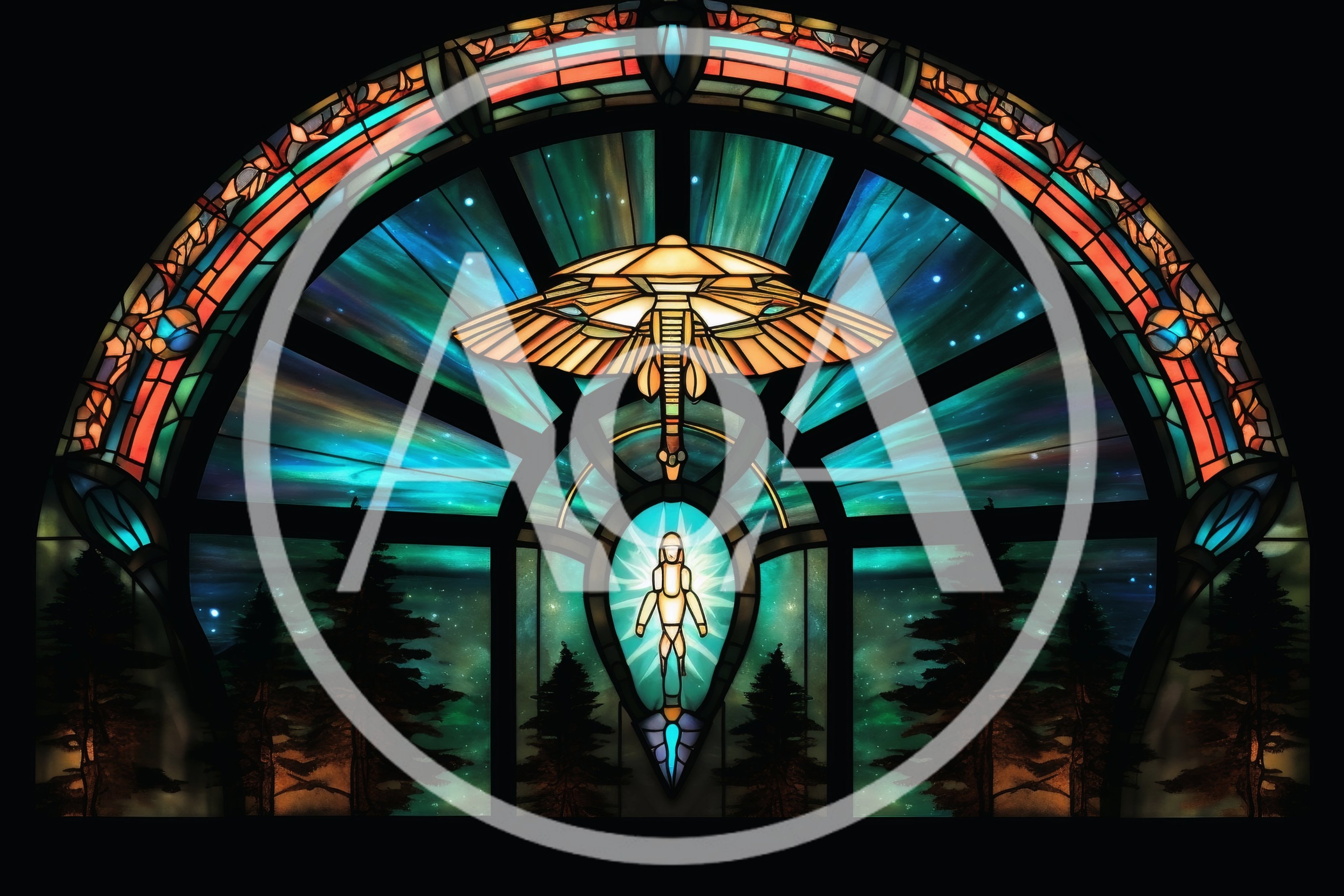 Stained Glass Window Featuring A Celestial Being And Spaceship