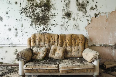 Abandoned Moldy Sofa In A Dilapidated Room