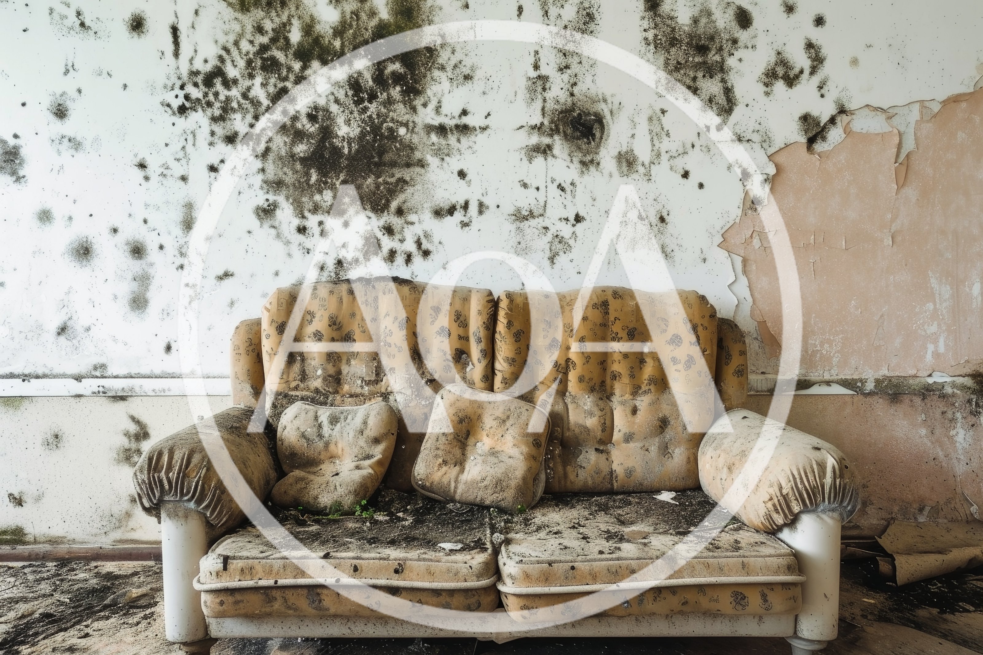 Abandoned Moldy Sofa In A Dilapidated Room