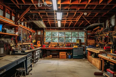 Organized Woodworking Workshop With Workbench And Tools