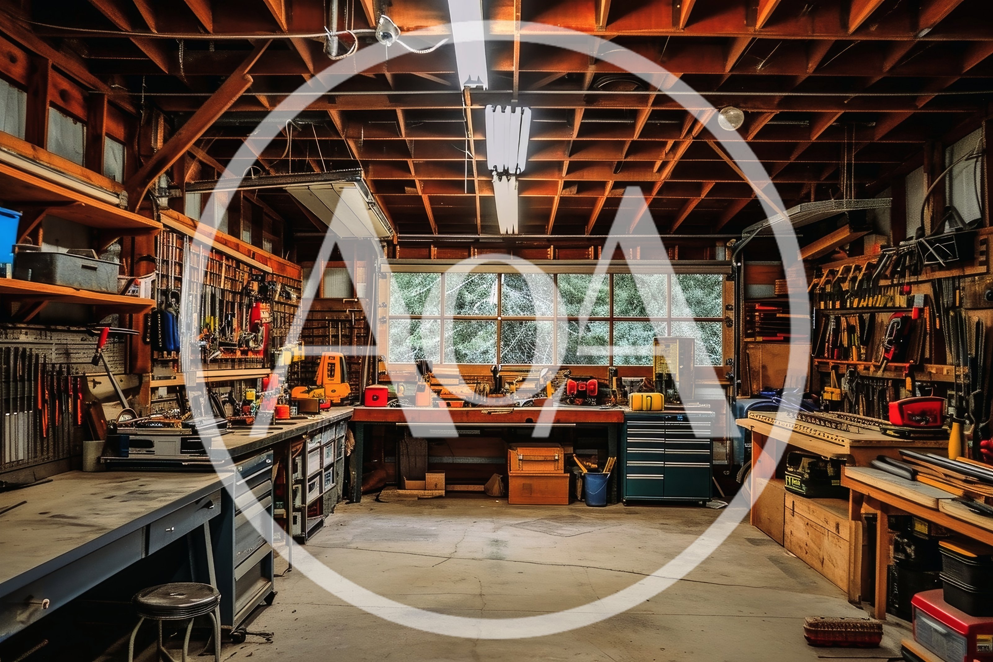Organized Woodworking Workshop With Workbench And Tools