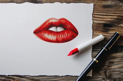 Drawing Of Red Lips With Lipstick And Pen