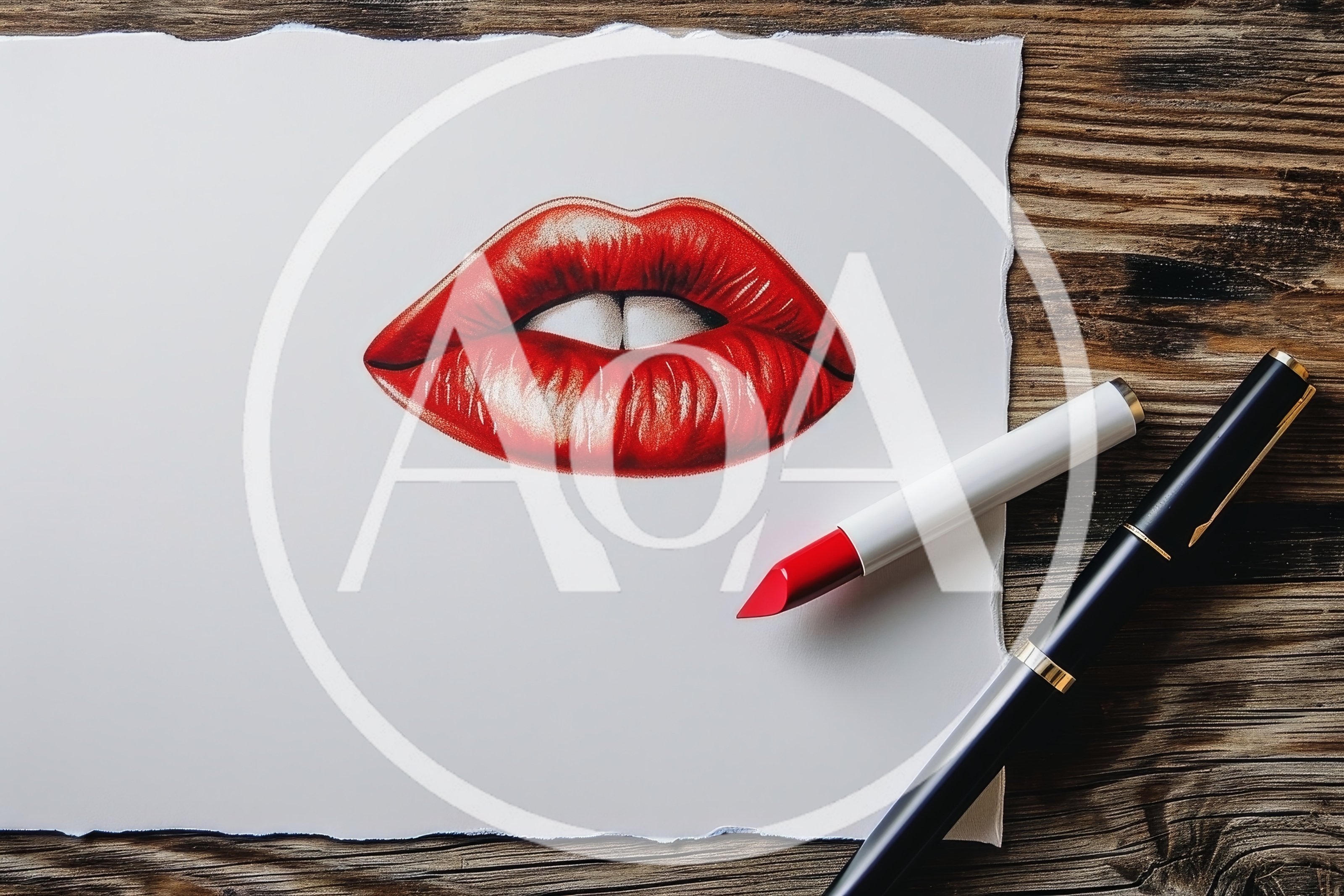 Drawing Of Red Lips With Lipstick And Pen
