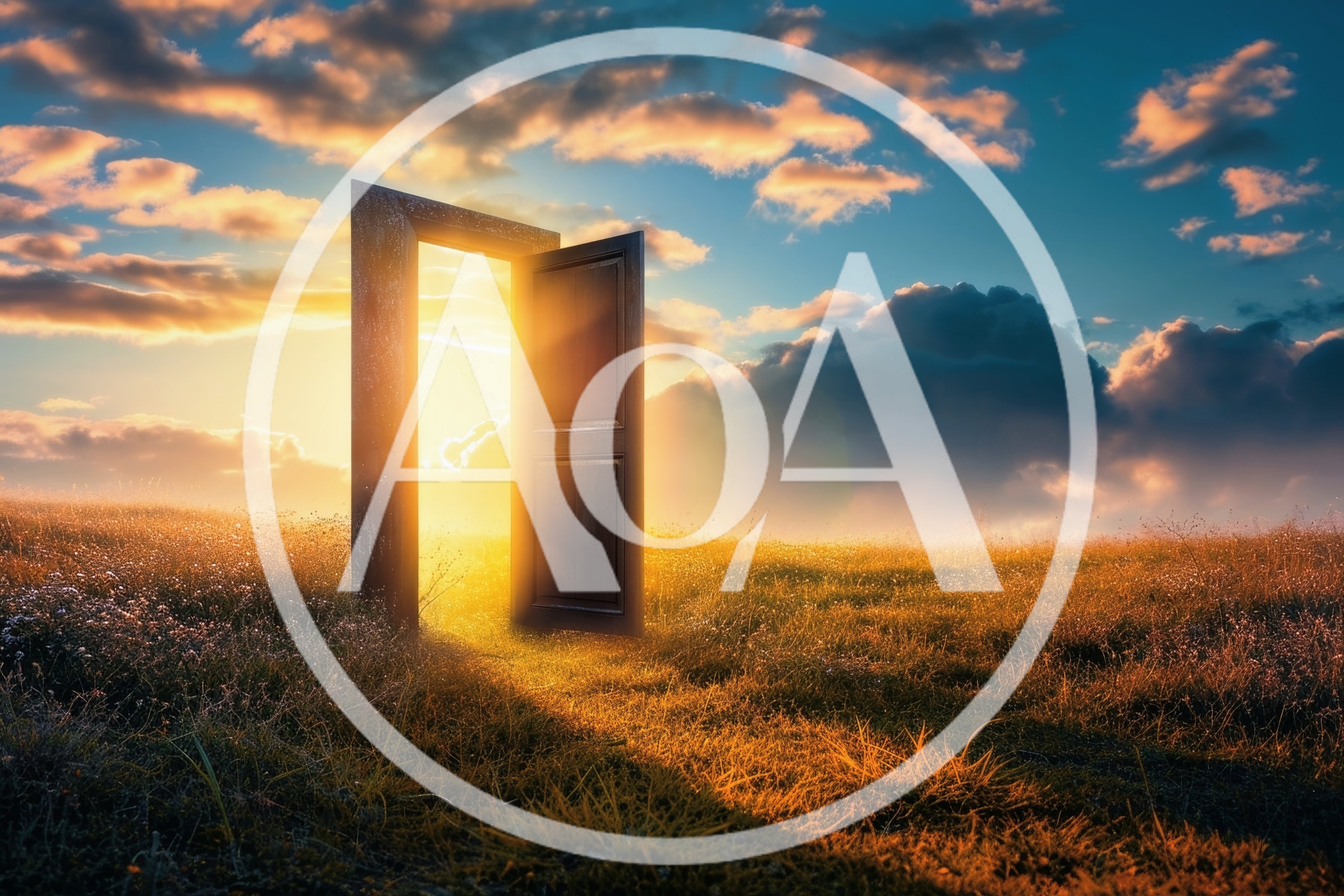 Open Door Standing In A Golden Meadow At Sunset