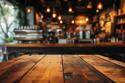 Empty Wooden Table In A Cozy Coffee Shop