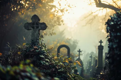 Ancient Stone Crosses In A Foggy Cemetery
